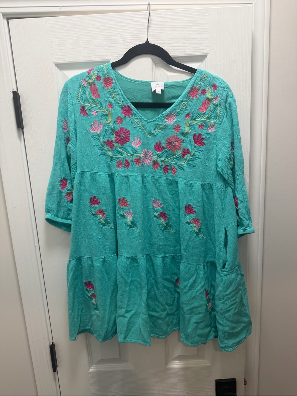 J.Marie Turquoise Embroidered Long-Sleeve Women's Dress
